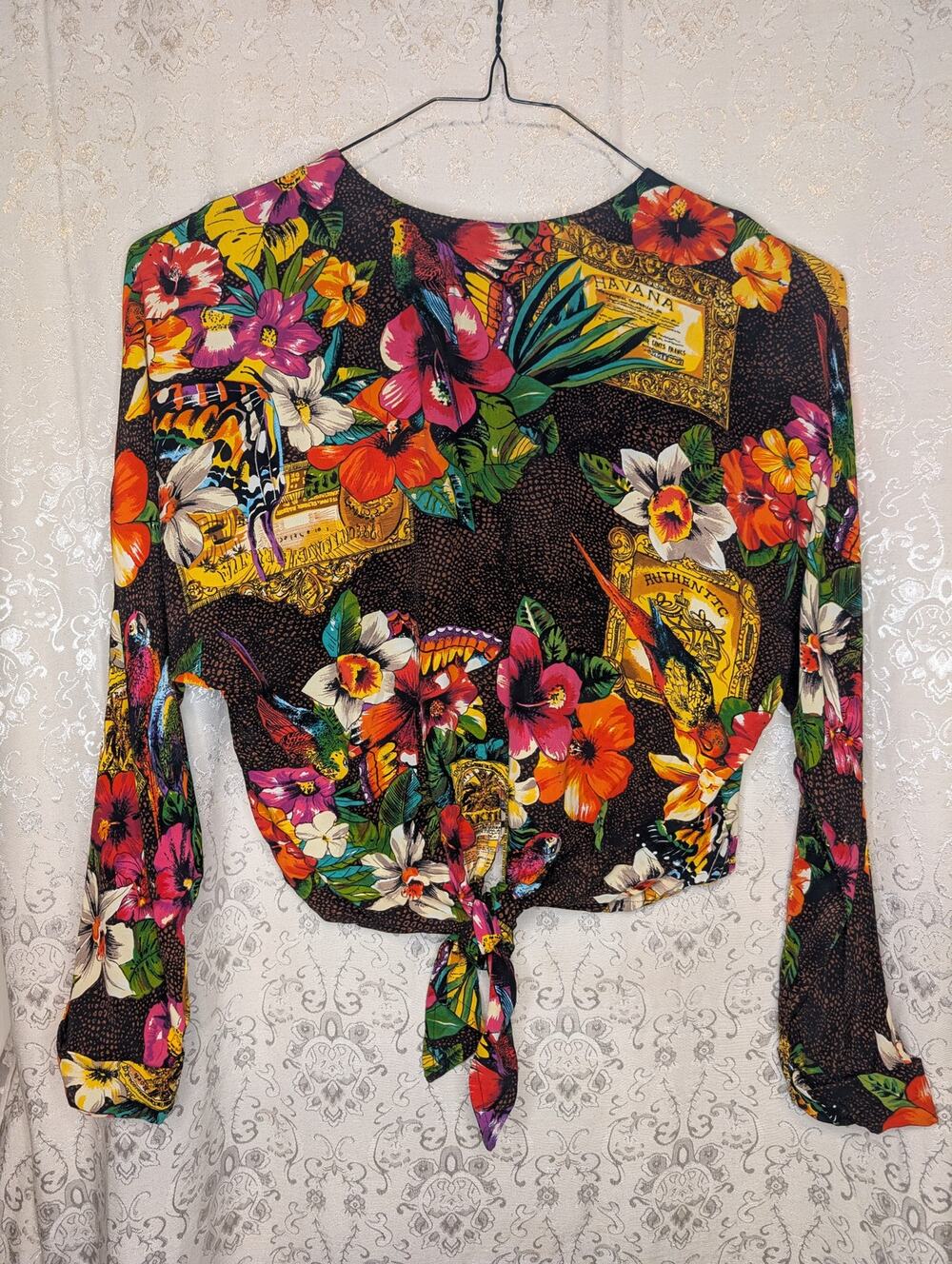 VTG 90s Carole Little Petites Havana Tropical Blouse Floral Parrot S/M